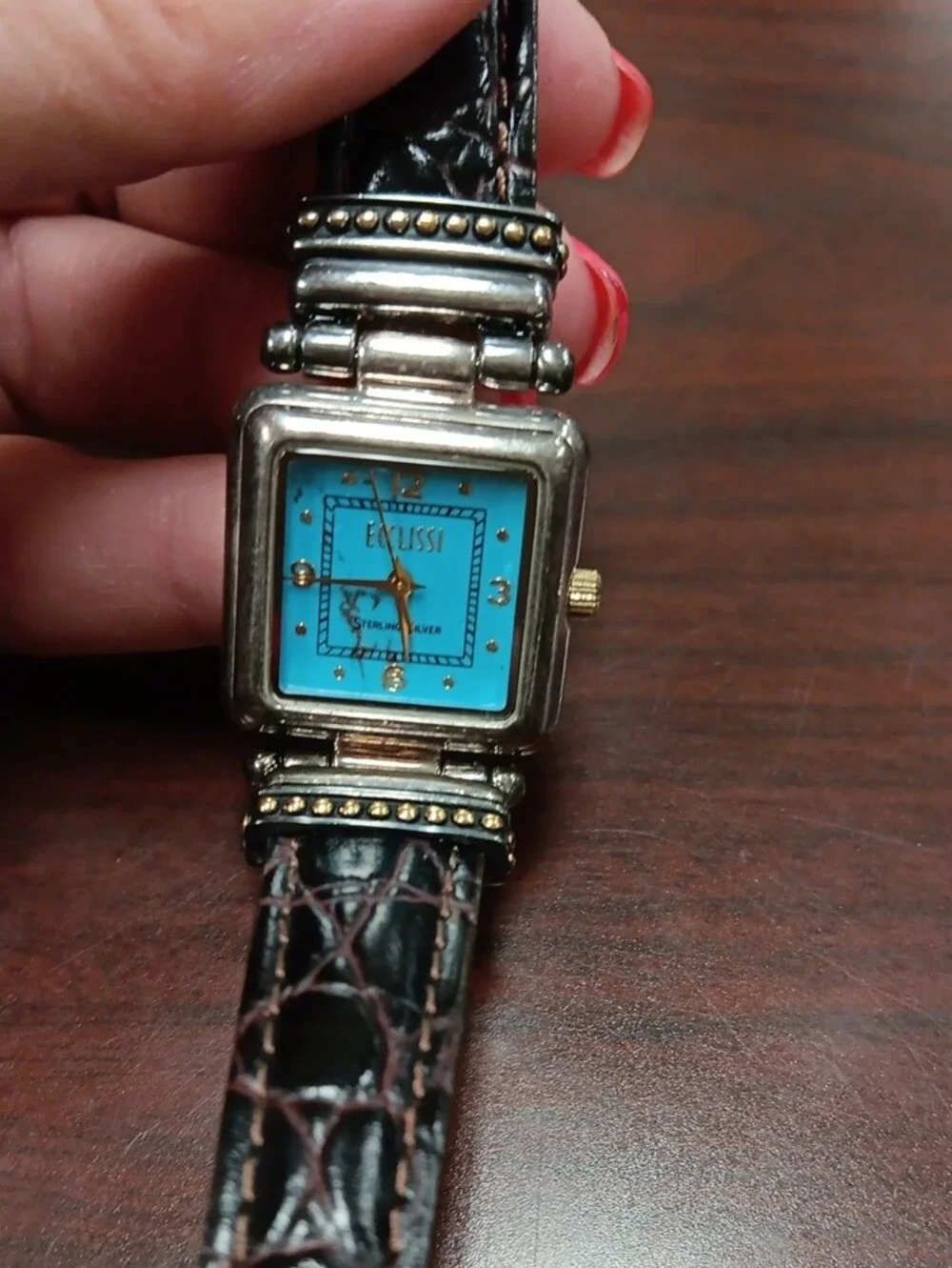 Women's Blue Dial Watch with Dark Brown Leather Strap- 925 Sterling Silver